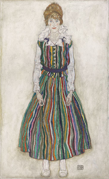 painting of a pale looking woman with red hair and rosy cheeks in a vertically striped buttoned dress worn over a white blouse. She has half open fists. The colour of her skin is similar to the background, which makes her dress even more remarkable. Her lips and cheeks have an orange hue.